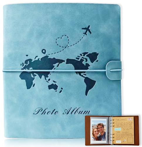 IdeaMarlle Photo Album 4x6, Leather Scrapbook Album with 50 Photos and 20 Writing Paper, DIY 6 Ring Binder Photo Album for Wedding Kids Birthday Family Trave (Blue)