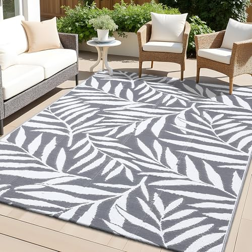 smiry Outdoor Rug Waterproof Garden Rugs UV-Resistant Outside Patio Carpet Reversible Plastic Straw Mat for Balcony, Camping, Picnic, Backyard- 120 x 180 cm, Grey & White - Leaf