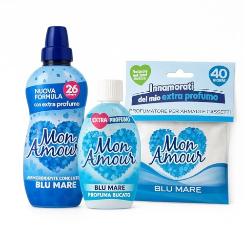 Blu Mare Set Completo per Bucato e Casa, Ammorbidente Concentrato 26 lavaggi, Profuma Bucato Liquido 200ml e Profumatore per Armadi, Fragranza Marina Persistente fino a 40 Giorni
