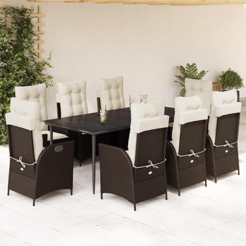 Yunovire 9-TLG. Garten-Essgruppe mit Kissen, Braun Poly Rattan, verstellbare Relaxsessel, 200x100cm Tisch, UV-beständig, für Terrasse & Balkon