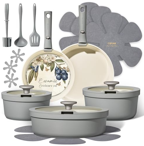 Carote 20 Piece Ceramic Cookware Set with Removable Handles, Pots and Pans, Non-Stick, RV Kitchen Cooking Pot and Pan, Dishwasher Safe, Non-Toxic