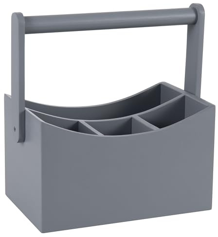 Vencier Bamboo Kitchen Utensil Holder with 4 Compartments, Drop-Down Handle Cutlery Caddy Organizer with Dividers, Countertop Storage Rack for Spoons, Forks, Knives & Gadgets (Grey)