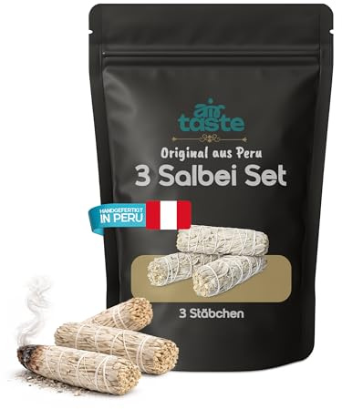 Airtaste Salvia bianca Smudge Sticks dal Perù – Set di 3 bastoncini di salvia bianca per affumicare, 100% naturale, incenso per meditazione, rituali spirituali, relax e pulizia energetica (3 salvia)