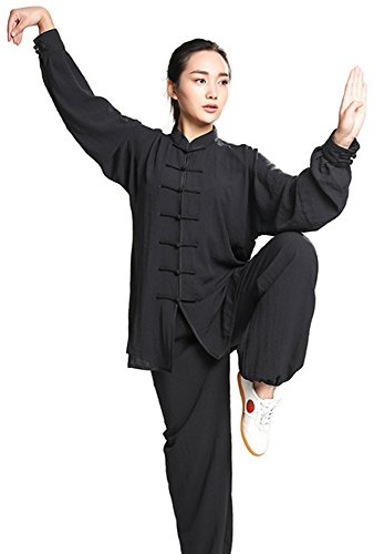 ZooBoo Unisex Womens Cotton Linen Kung Fu Tai Chi Uniform Martial Arts Wear (Black, L)