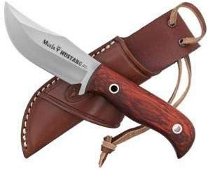 Muela cuchillo de caza MUSTANG MUSTANG-8R con hoja de acero inoxidable ACX-380 de 8 cm y empuñadura de madera coral de 9 cm para Caza, Pesca, Supervivencia y Bushcraft + Portabotellas de regalo