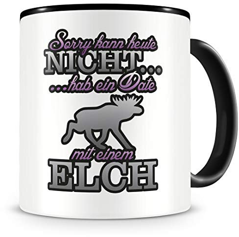 Samunshi® Elch Tasse mit Spruch Date mit Elch Geschenk für Elche Fans Kaffeepott Kaffeetasse groß Lustige Tassen zum Geburtstag schwarz 300ml