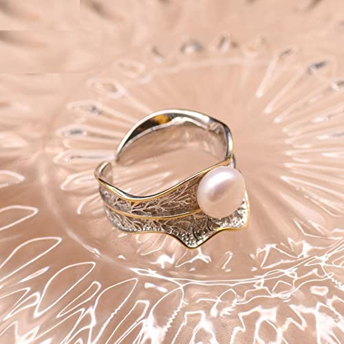 SALAN Bague en Argent 925 en Forme De Feuille De Perle Blanche d'eau Douce Naturelle pour Les Fiançailles De Mariage des Amoureux De La Fille des Femmes