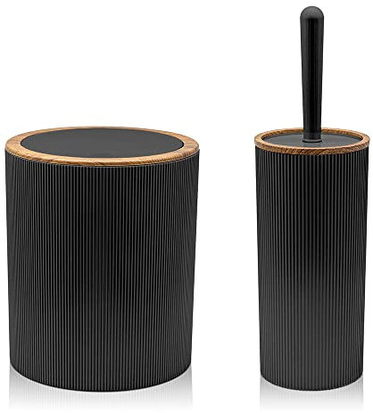 Inbagno Set da 2 Pezzi Porta scopino e Pattumiera 5lt, in plastica Nero, con Dettagli Effetto Legno, Serie Blob