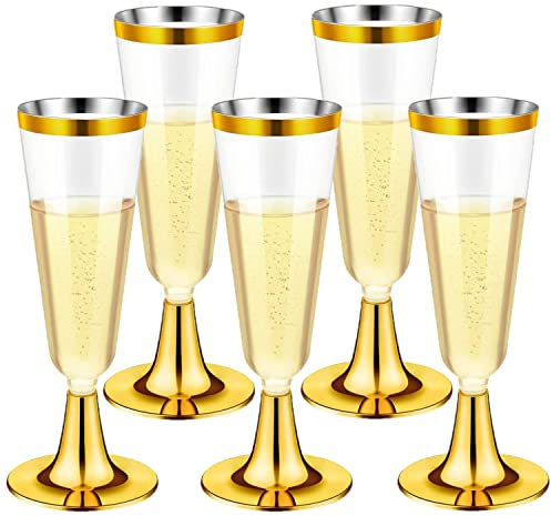 LATERN 30Pcs Plastic Champagne Flutes, 150ml Gold Champagne Glasses Reusable Stemmed Party Wine Cups for Garden Wedding Anniversary Shower Parties (5.5 x 16.5cm)