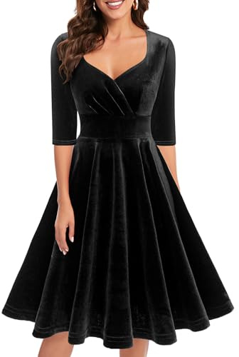 Bbonlinedress Robe de Noël Soirée Femme Chic Hiver Midi pour Réveillon Nouvel an Cocktail Mariage Bal Promo Col en V Manches Longue V-Black L