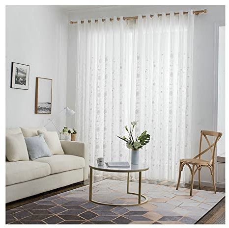 Banemi Voile Gardinen mit Ösen, Vorhänge Vintage 2er Set Polyester Transparente Blume Schlafzimmer Deko 107x244cm Weiss