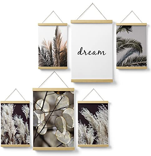 Feeby Posterleiste Pampasgras Boho 80x90 cm 2 x DIN A3 & 4 x DIN A4 Eiche Magnetische Poster-Hänger Posterhalter Posterschiene Posterrahmen Wohnzimmer Schlafzimmer Bild Bilder Palmen Blätter Grau
