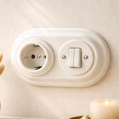 Unterputz Porzellan Retro Steckdose, Doppelschalter, 2-fach, All-in-One, Serie PR1 weiß
