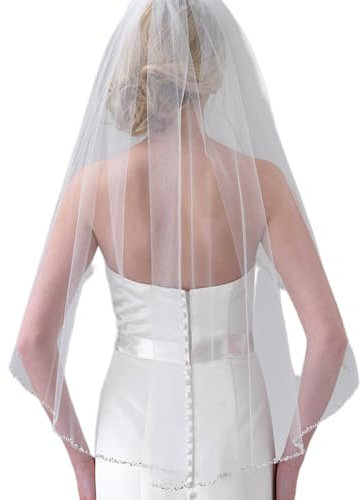 HONGMEI Hochzeitsschleier für Bräute, handgefertigt, Kristallperlenrand mit Glitzer, 1 Ebene, Brautschleier mit Kamm, Weiß V155, Fingertip length