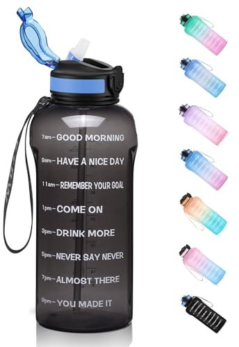 ETDW Gourdes avec paille 1,5 litre, [Tritan sans BPA] Bouteille d'eau 1500ml avec marquages temporels étanche pour camping, salle de sport, pique-nique NOIR