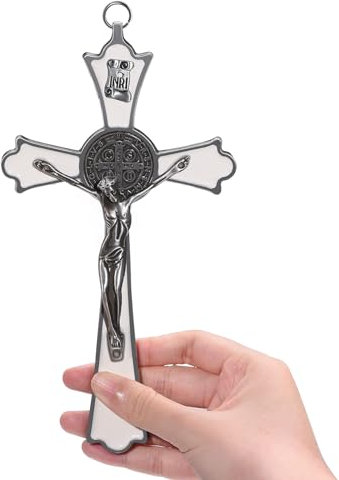 WenRity Crocifisso di San Benedetto in metallo smaltato, 20,3 cm, croce cattolica INRI, decorazione artistica da parete per dare benedizione e sacro spirituale: regalo di fede per i tuoi conoscenti