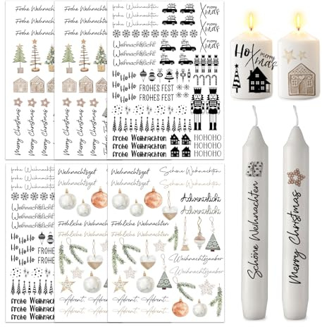 ALLAVA 6 Stück Kerzentattoos Weihnachten, Kerzentattoos Happy New Year, Wasserschiebefolie Kerzen, Kerzensticker Kerzenfolie für Kerze Tasse DIY Geschenk, Kerzen Dekorieren, Kerzensprüche(D)