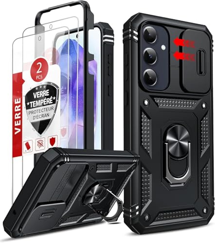LeYi Hülle für Samsung Galaxy A55 5G Kameraschutz mit 2 Hartglas Schutzfolie, Hybrid Metall Ring Ständer Cover Case Kamera Schiebeabdeckung, Militärgrad Schutzhülle Schwarz