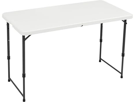 Amazon Basics 4 Foot Rectangular Folding Table, 4 Adjustable Height Settings with Carrying Handle, Indoor & Outdoor, Portable, Lightweight, Travel Table, Picnic, Camping, White, 121.4 x 60.7 x 86.1 cm