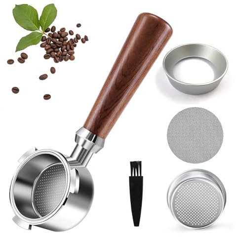 Bodenloser Siebträger 54mm mit Puck-Filter, Kompatibel mit Sage/Breville Barista Serie 870/878/880, Sage Siebträger mit Edelstahl Filterkorb, Holzgriff, 3 Ears