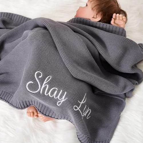 HERSTL Personalisierbare Babydecke mit Namen, bestickt, Sommerdecke für Neugeborene, weich, für Kinderwagen oder Babyschale (Grau)