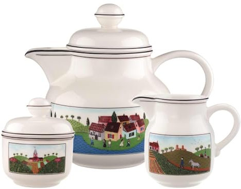 Villeroy & Boch Design Naif Tee-Set 3-teilig | Teekanne (900 ml), Milchkännchen (250 ml) und Zuckerdose (200 ml) | Landschaftsmotive | Premium Porzellan | Bunt