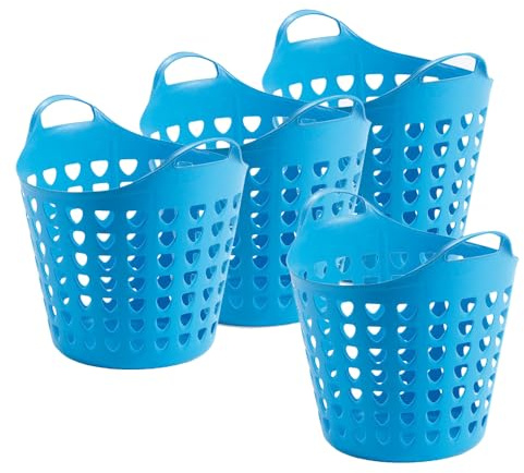 Kreher® flexibler Aufbewahrungskorb aus Kunststoff für Wäsche, Spielzeug und vieles mehr! In peppigen Farben mit Belüftungslöchern. 35 Liter Volumen, mit zwei großen Henkeln. (4er Set in Blau)