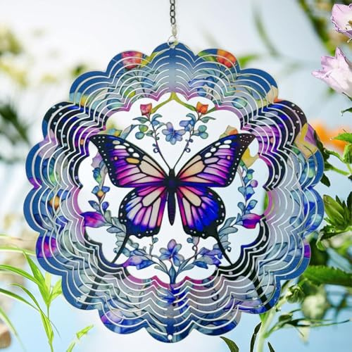 Butterfly Wind Spinners Metal Hanging Wind Spinner for Outdoor & Indoor Decorations, 30cm 3D Wind Spinner for Garden Ornament Gifts (Purple)