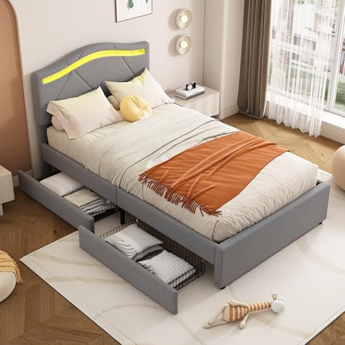 KUAKE Polsterbett Bett 90x200 Kinderbett Einzelbett mit Stauraum 2 Schubladen, LED-Kopfteil, Stauraumbett Bettgestell mit Lattenrost, Rückenlehne Jugendbett Flachbett, Ohne Matratze, Leinen(Grau)