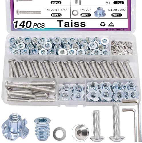 Taiss 140PCS 1/4-20 Threaded Inserts for Wood,T Nuts,1/4-20x 1, 1-1/4 Bolts Button Head Socket Cap Screws Fully Threaded and 1/4-20 Washers with Hex Wrench F-116-140PCS