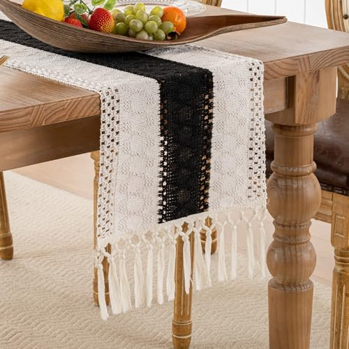 Chemin de Table Noir Moderne Coton Lin Hiver Ferme Chemin Table Glands à la Main Macramé Vintage Décoration de Table pour Mariage Vacances Fête Cuisine 30x180cm