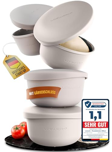 LOEWERK Pizzaballenbox mit Deckel – 4er Set – atmungsaktive Teigbox für perfekten Pizzateig - platzsparende Silikon Pizzateig Box mit Deckel, Pizza Box, Pizza Ballenbox, Gärbox – Grau