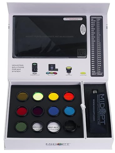MidOpt Filter-Set, 10 gängigste Bildverarbeitungsfilter zum Testen in UV, VIS und NIR, plus UV-Filter, 3 IR-Filter, Polarisationsfilter, FK201-27, passend für M27-Filtergewinde, Step-Up- und