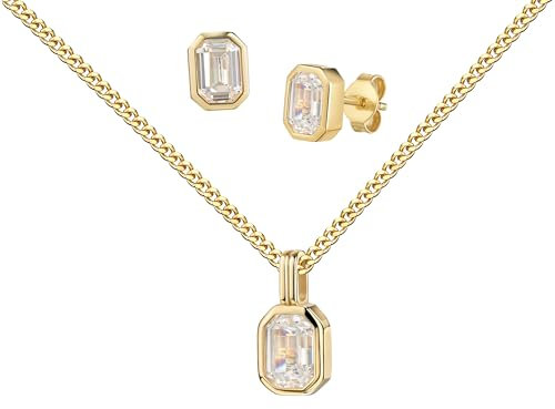 JEVELION Goldschmuck-Schmuckset Zirkonia Goldanhänger und 2x Ohrstecker 585 Gold, 14 Karat/14K für Damen Mit Kette 925 Silber vergoldet - Kettenlänge 45 cm.