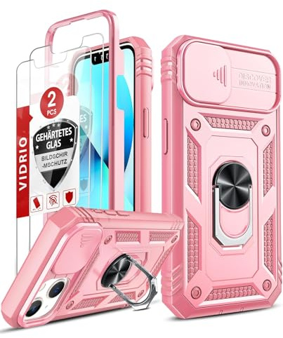 LeYi Coque pour iPhone 13 6.1(Pas 13 Pro Max/13 Pro) avec 2*Verre Trempé+Anneau Support, Full Protection de la Caméra en PC Dur Anti-Chut Renforcée Armor Heavy Duty Antichoc Bumper Housse Etui，Rose