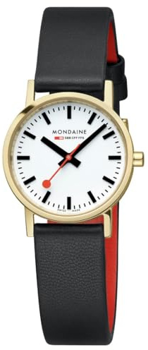 Mondaine Classic Armbanduhr Damen, 30mm, IP 1N14 vergoldet, schwarzes veganes Lederarmband, Schweizer Quarzwerk, Saphirglas, wasserdicht 5 ATM, Elegantes Design