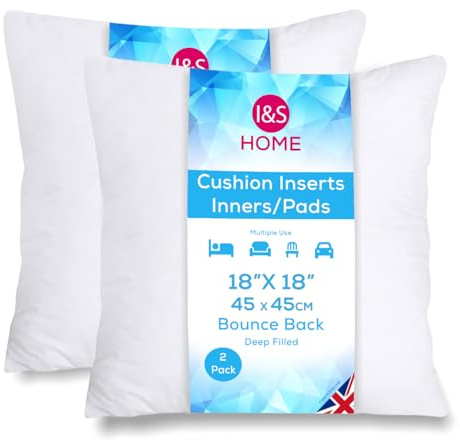 I&S Home Cushion Inners 18” x 18” Cushion Inserts 45cm x 45cm - Pack of 2 Cushion Pads Filler – Extra Deep Filled Bounce Back 45x45 Cushion Insert - Anti-Allergy Large Sofa Cushions 18x18 (45x45cm)