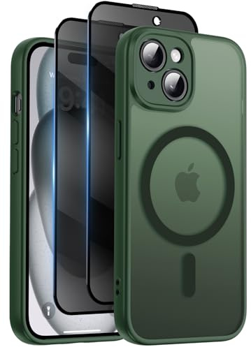 Aekyiwot Hülle für iPhone 15 Magnetische Handyhülle Kompatibel mit iPhone 15 MagSafe mit Kameraschutz, 1 Hülle mit 2 Schutzfolie Sichtschutz Privacy Schutz, Stoßfest Kratzfest Schutzhülle, Grün
