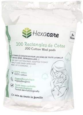 Hexacare - 200 Rectangles de Coton 8x10 cm | Ultra-Doux pour Bébé & Démaquillage | 100% Coton Naturel | Hypoallergénique & Testé Dermatologiquement