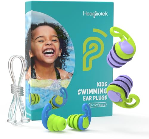 Hearprotek Kids Swim Ear Plugs, 2 Pairs Reusable Silicone Waterproof Ear Plugs with Cords & Storage Case, Ideal for Swimming, Bathing, Surfing(Blue & Purple)