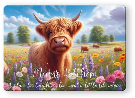Noble & Page - Tempered Glass Cutting Board - 390x290mm Gloss Chopping Board - Mum's Kitchen - Meadow Cow