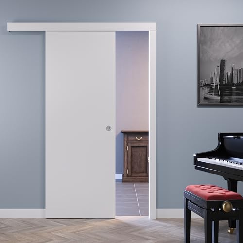 Porte Italiane, Porta Scorrevole Esterno Muro con Mantovana e Serratura, Senso di Apertura Reversibile, Pronta all'Installazione, 80x210 cm, Bianco