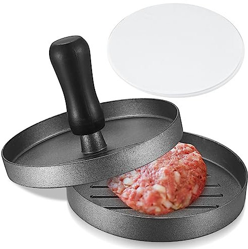BieMian Burger Press, Non-Stick Hamburger Meat Pie Press, Aluminum Burger Press Mold for Making Quarter Pound Filled Pocket Burgers, 11.5CM with 100 Sheets of Wax Paper Black