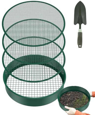 Keyubria Gartensieb Rund 30 cm, Kompostsieb Mit 4 Filternetz Und Schaufel, Maschengartenbodensieb, Erdsieb Für Saatgut, Erde, Kompost, Steine, Unkraut, schotters