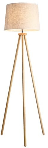 ZJHAHJY Lampadaire trépied en Bois, lampadaire Milieu du siècle, Lampe sur Pied LED Moderne à intensité Variable avec Abat-Jour en Lin Beige pour Salon, Chambre et Bureau
