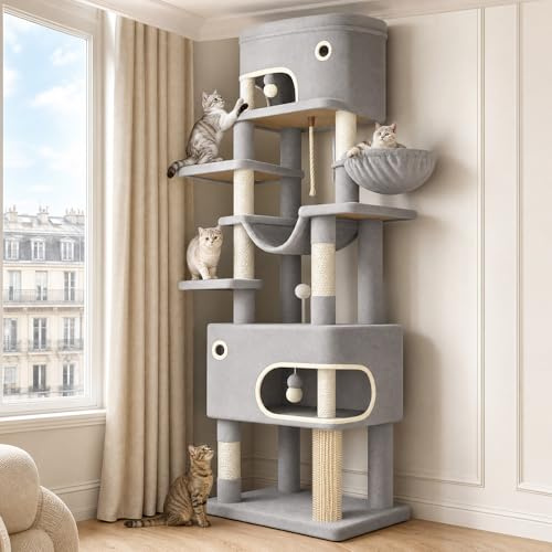 Hzuaneri Arbre à Chat, Tour de Jeux pour Chats de 203 cm, Gris Clair | avec Grande Plateforme, 2 Niches, 7 Griffoirs, Pompons, Paniers, Hamac, Convient aux Chats de Toutes Tailles, MS20318LG