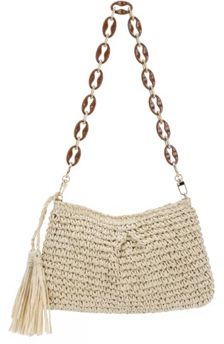 EVEOUT Women Raffia Shoulder Bag Summer Boho Straw Woven Underarm Bag with Acrylic Chain for Beach Holiday Everyday