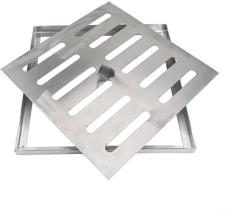 YJDOORPLAY Puits de sol en acier inoxydable avec cadre, grille de protection de drainage extérieur, double rangée, résistant à la rouille, pour le côté de la maison, cour, argent (300 x 300 x 20 x 2