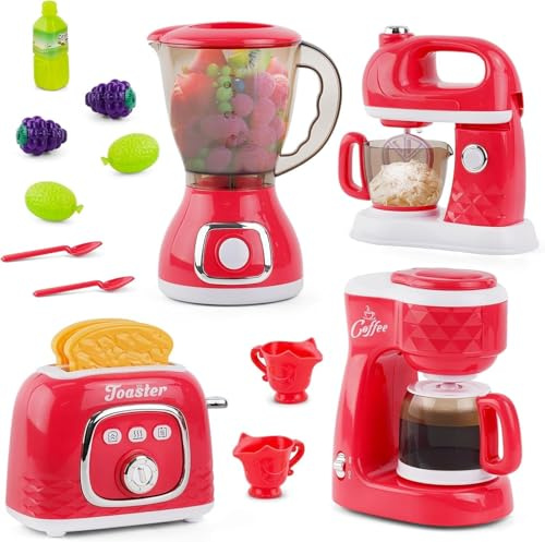 Pretend Play Kitchen Appliances Toy Set with Realistic Sounds,Kitchen Accessories Set with Toaster,Coffee Maker,Blender,Juicer,Toaster Gift for for Kids Toddlers Boys Girls Ages 3+