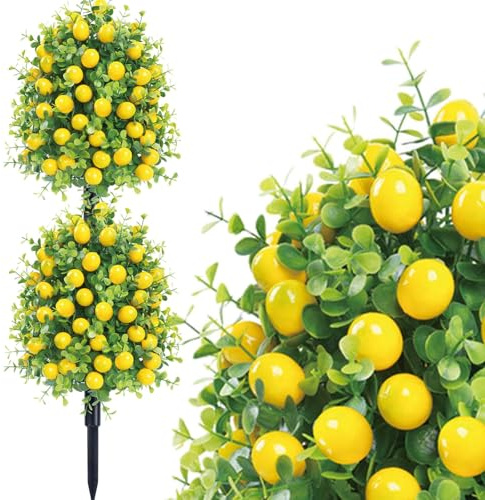 Árbol de bola artificial de boj topiario, 2 piezas con fruta, limonero falso con estaca para el hogar, jardín, patio, porche y decoración de patio